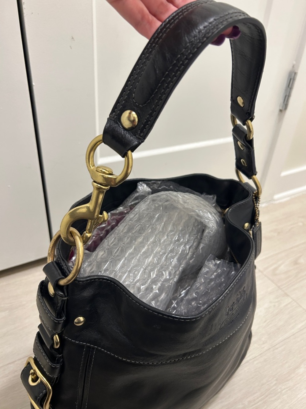 Coach Zoe Hobo Black Leather Shoulder Bag with Gold Accents - Picture 14 of 17